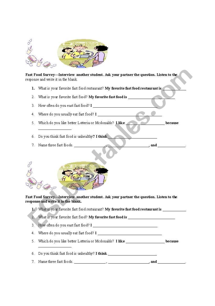 Fast Food Worksheet worksheet