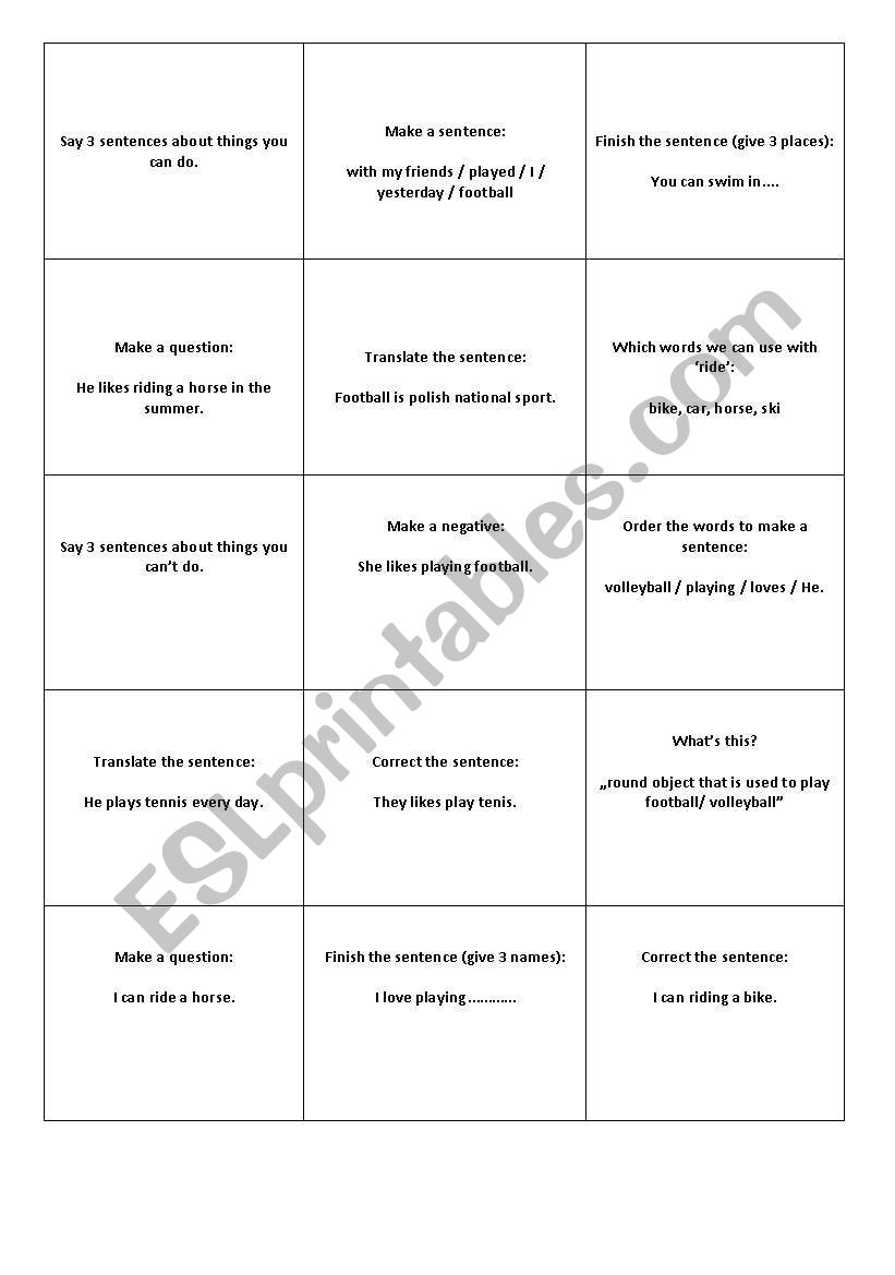 game cards  worksheet