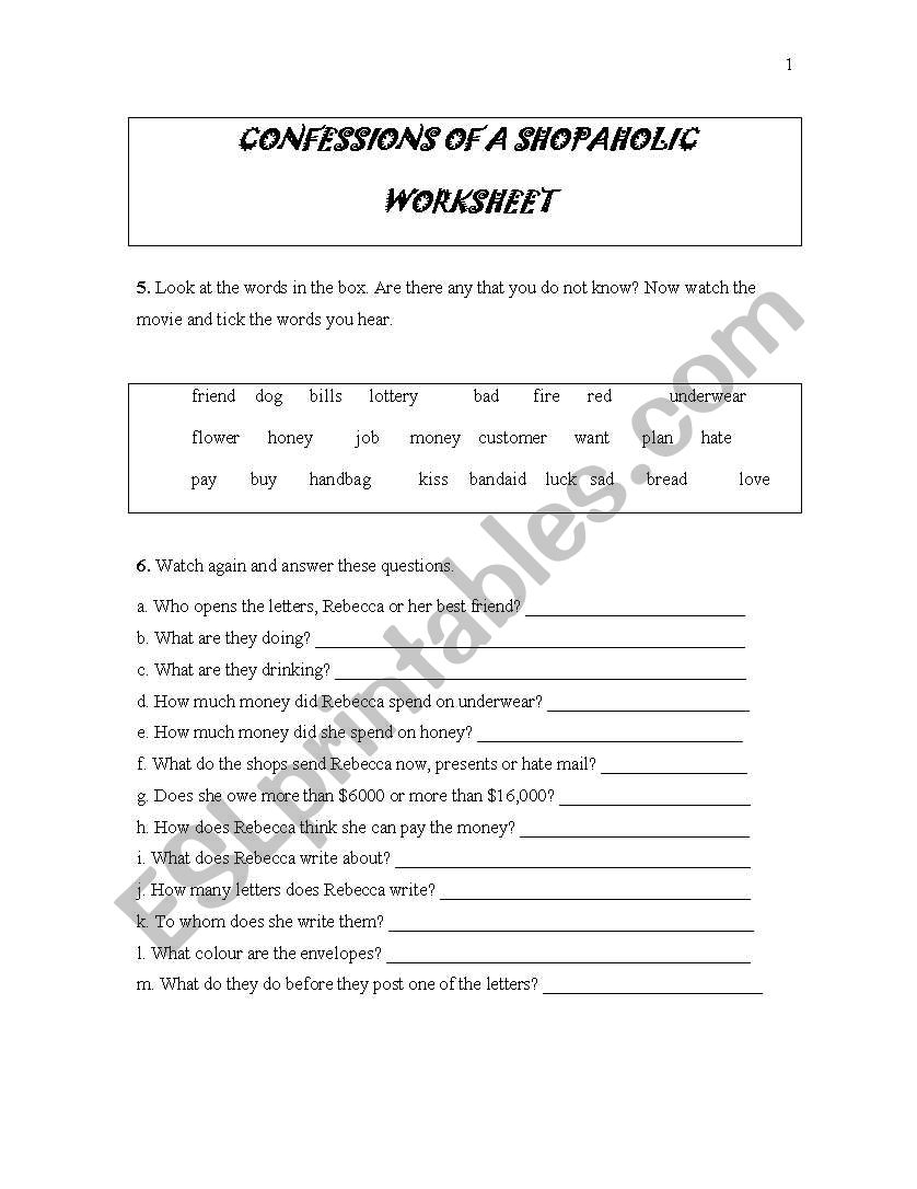 Confessions of a Shopaholic Worksheet 2