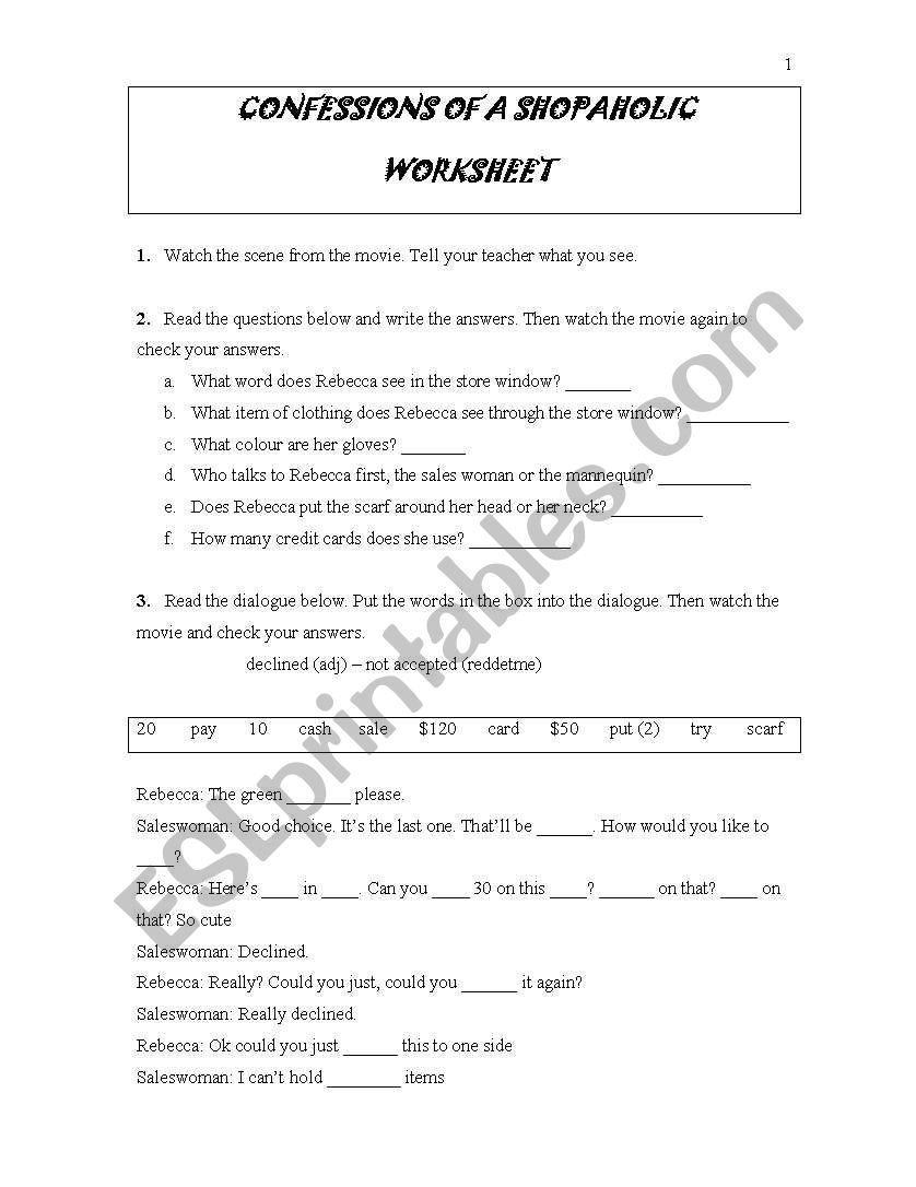Confessions of a Shopaholic Worksheet 1