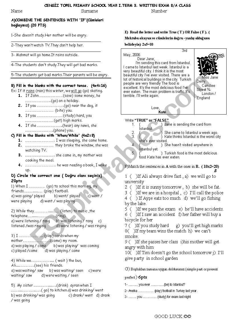 8.grades exam worksheet