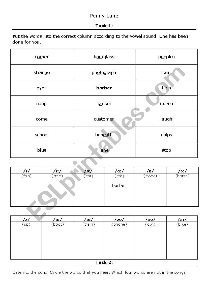 Penny Lane worksheet