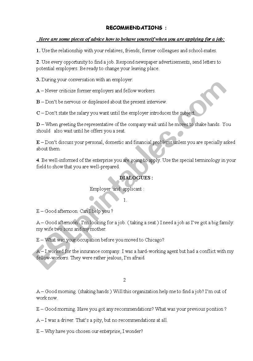 applying for a job worksheet