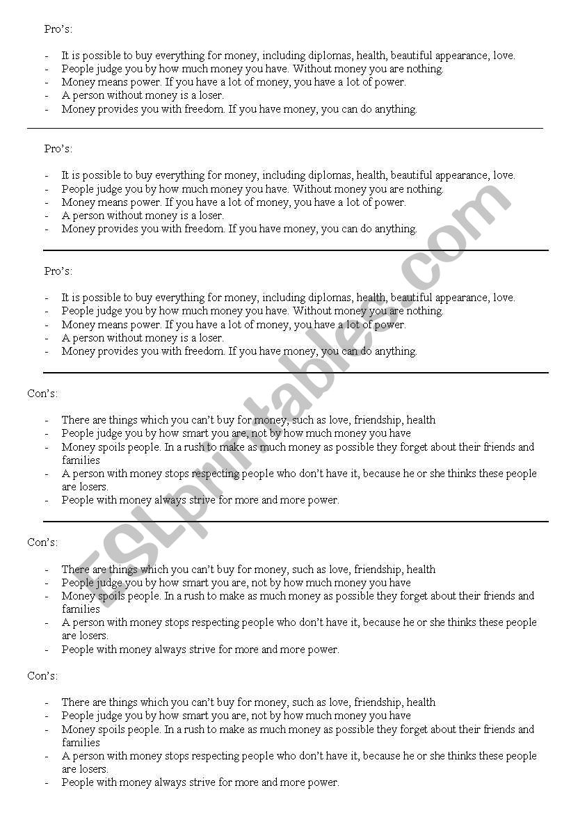 Money Debates worksheet