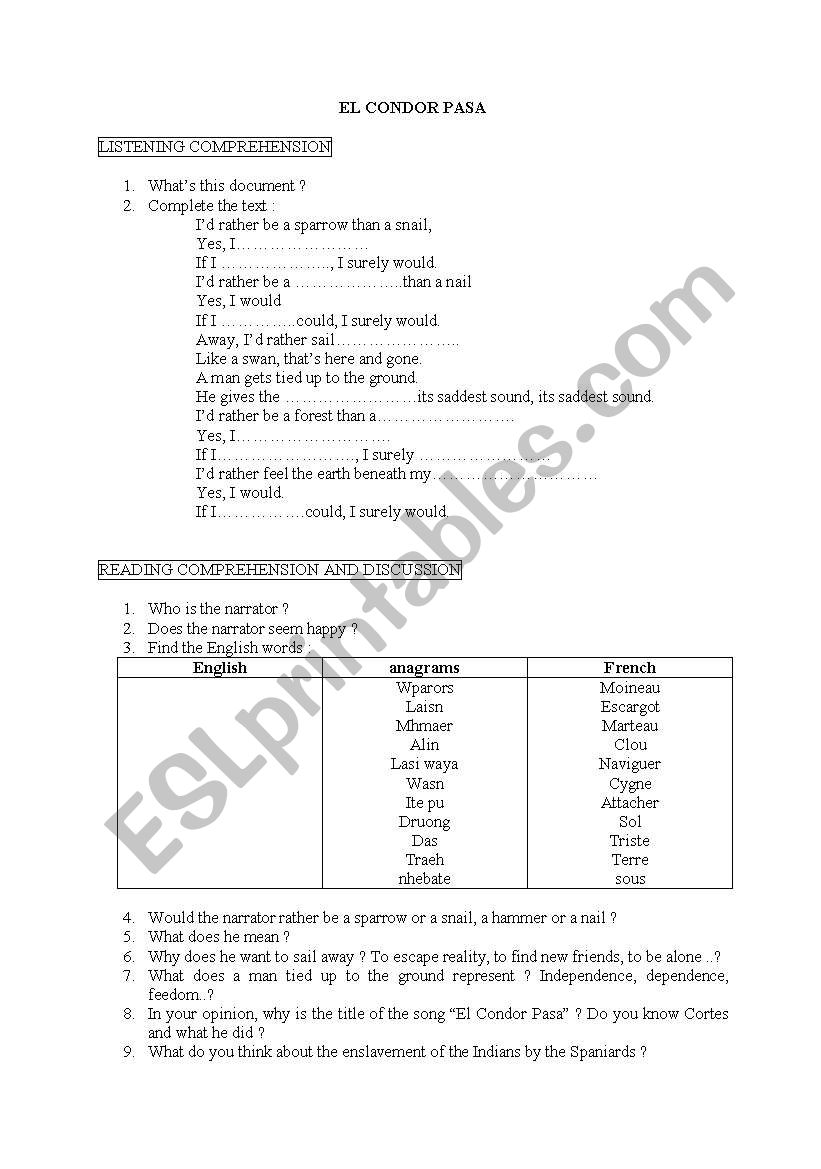 el condor pasa worksheet