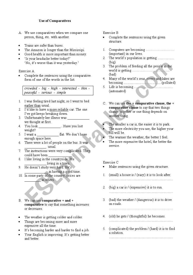 comparatives worksheet worksheet