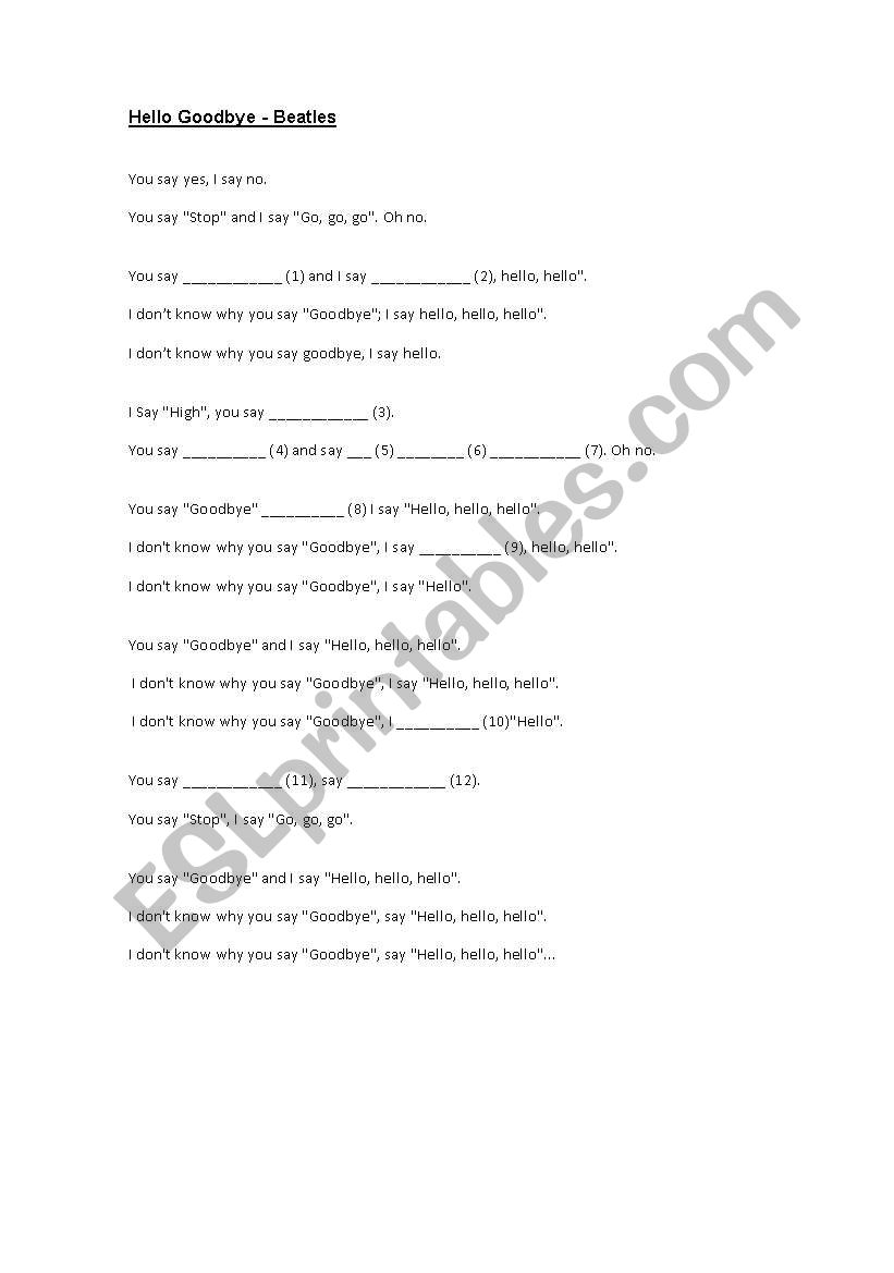 Hello Goodbye - the Beatles worksheet