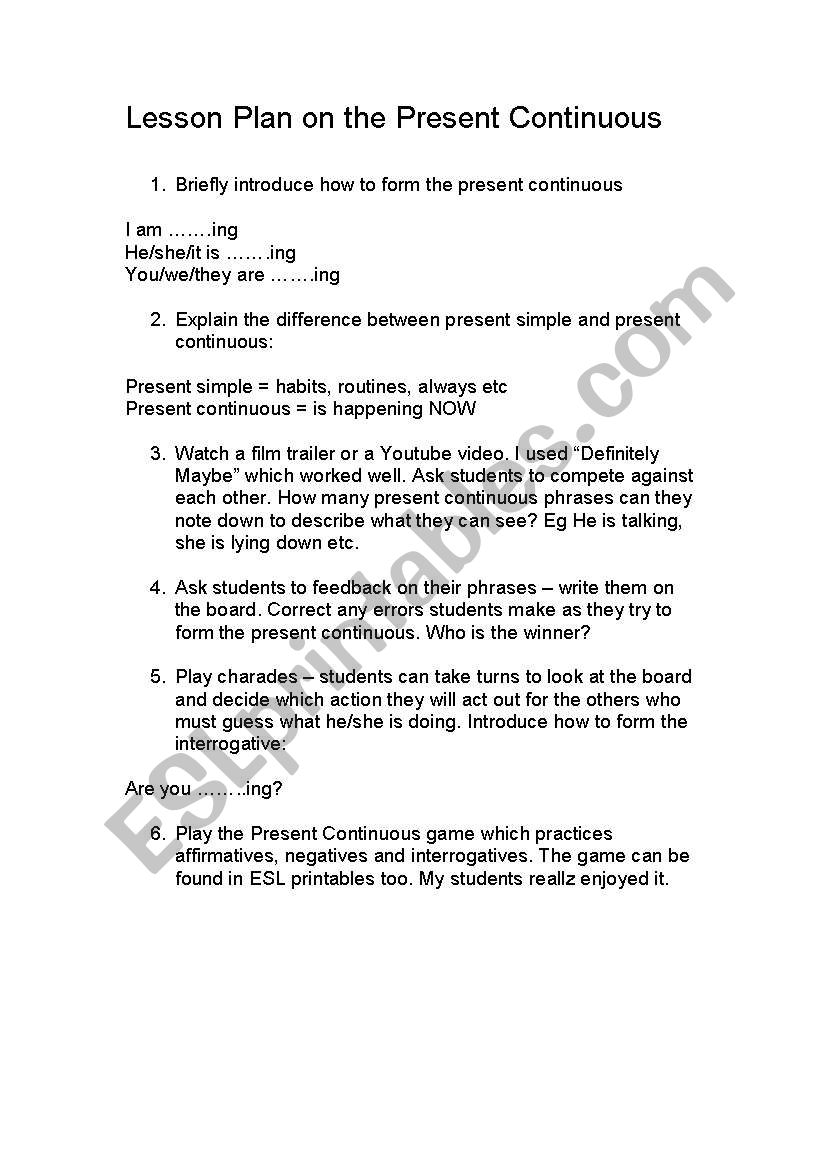 lesson plan on the present continuous f( a fun activity and 2 games)