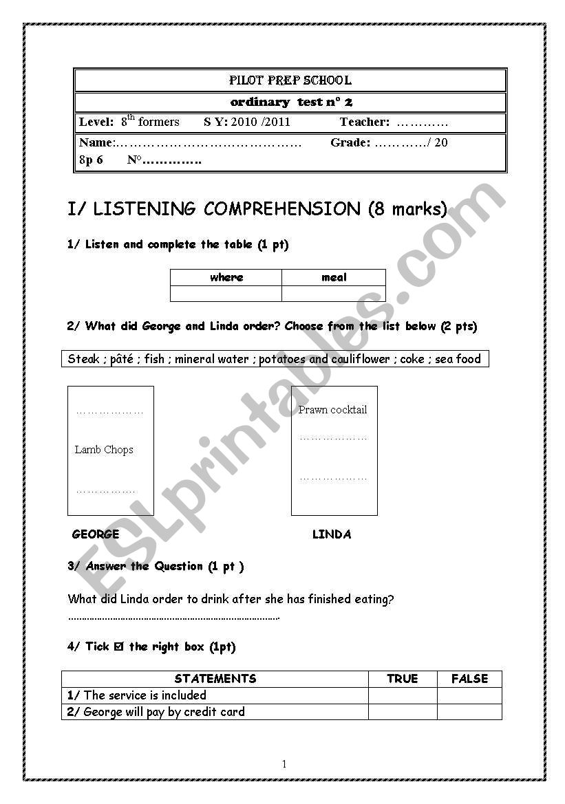 ordinary test 2 8th form worksheet