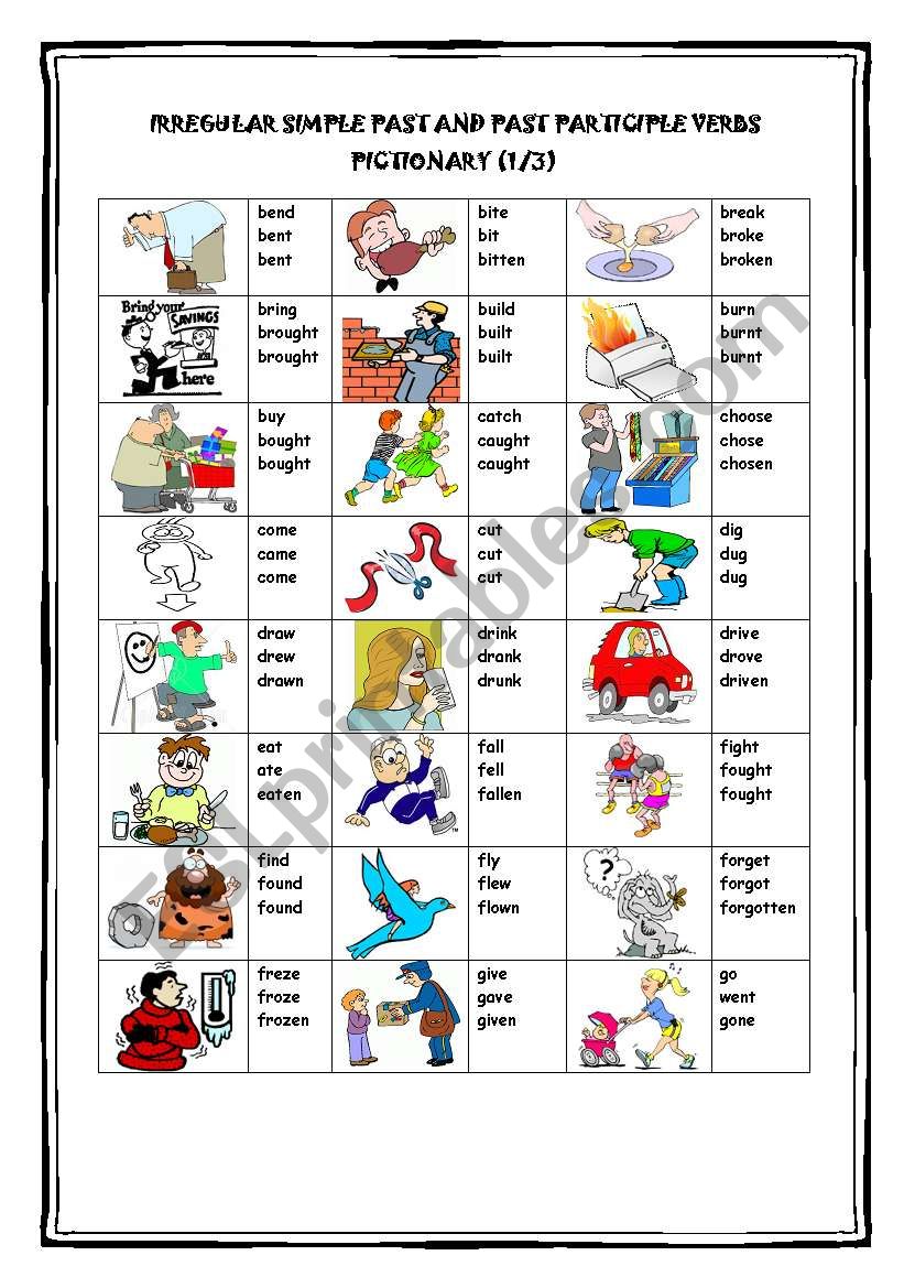 Irregular Simple Past and Past Participle Verbs Pictionary (1/3)