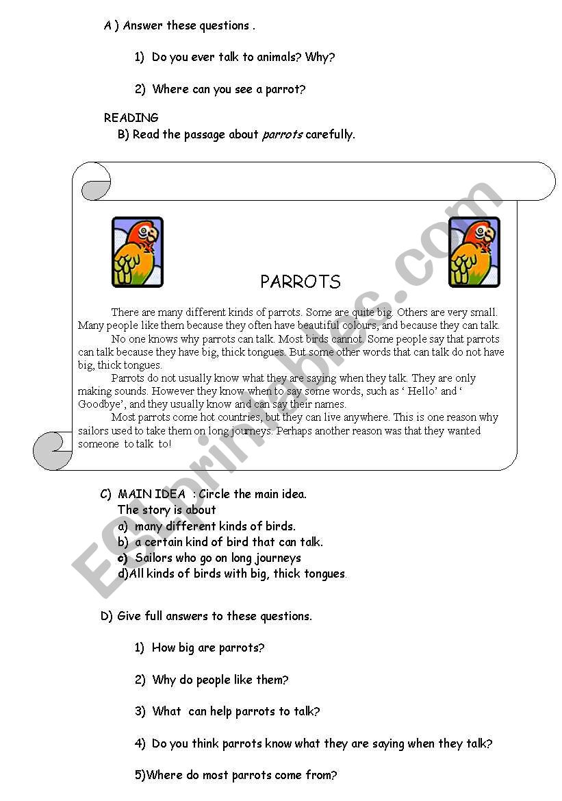 A reading and writing worksheet