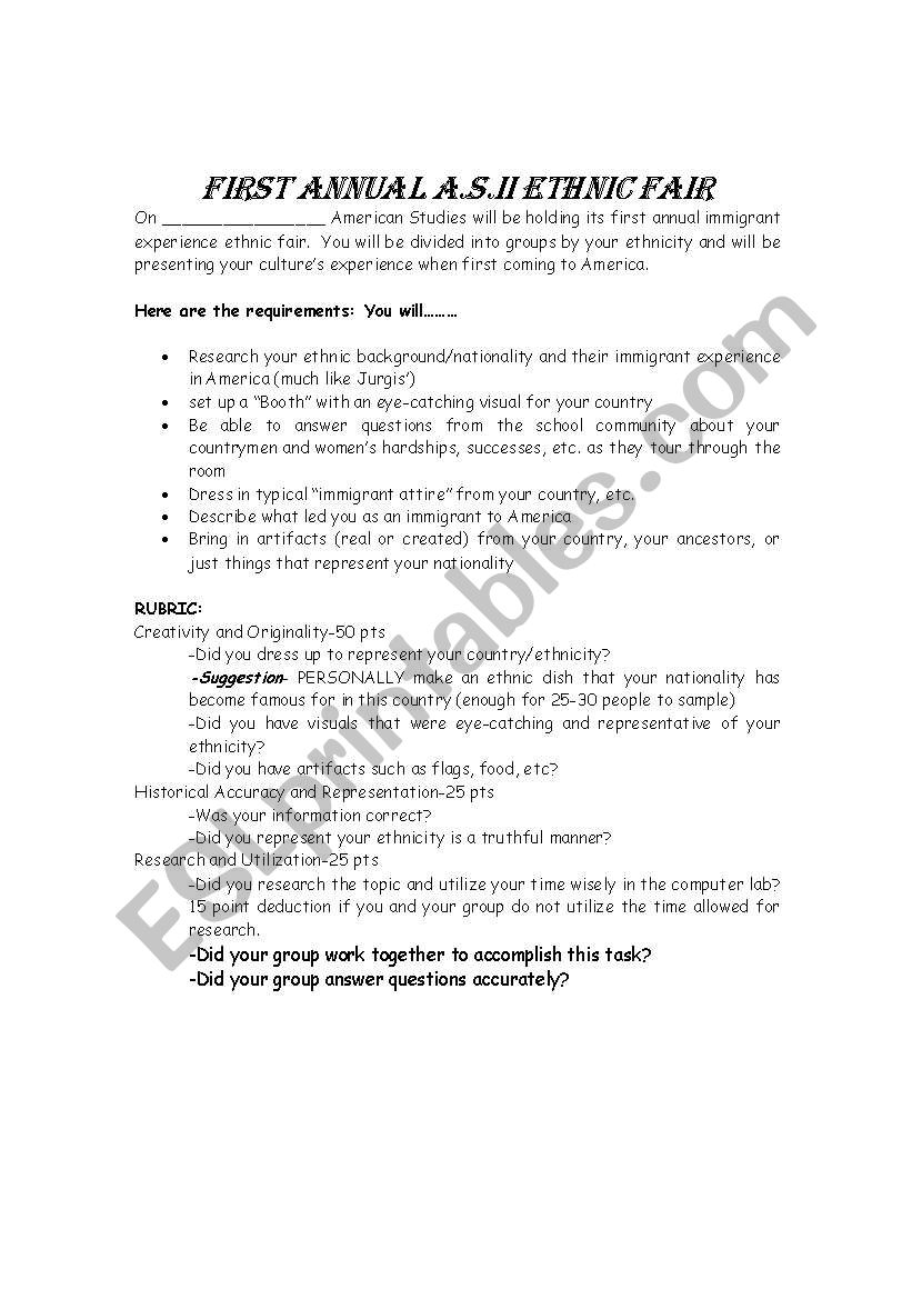 ethnic fair worksheet