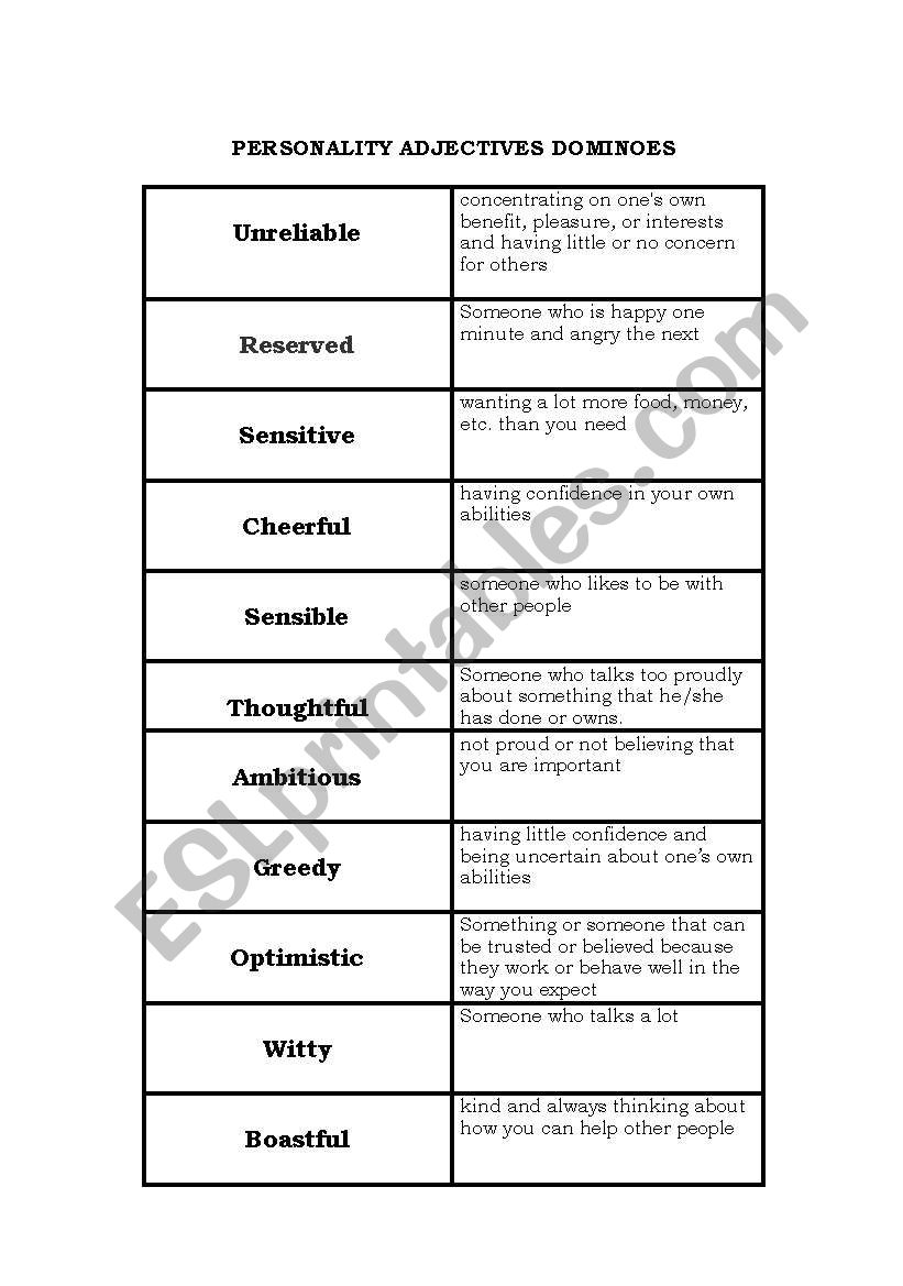 PERSONALITY ADJECTIVES DOMINOES