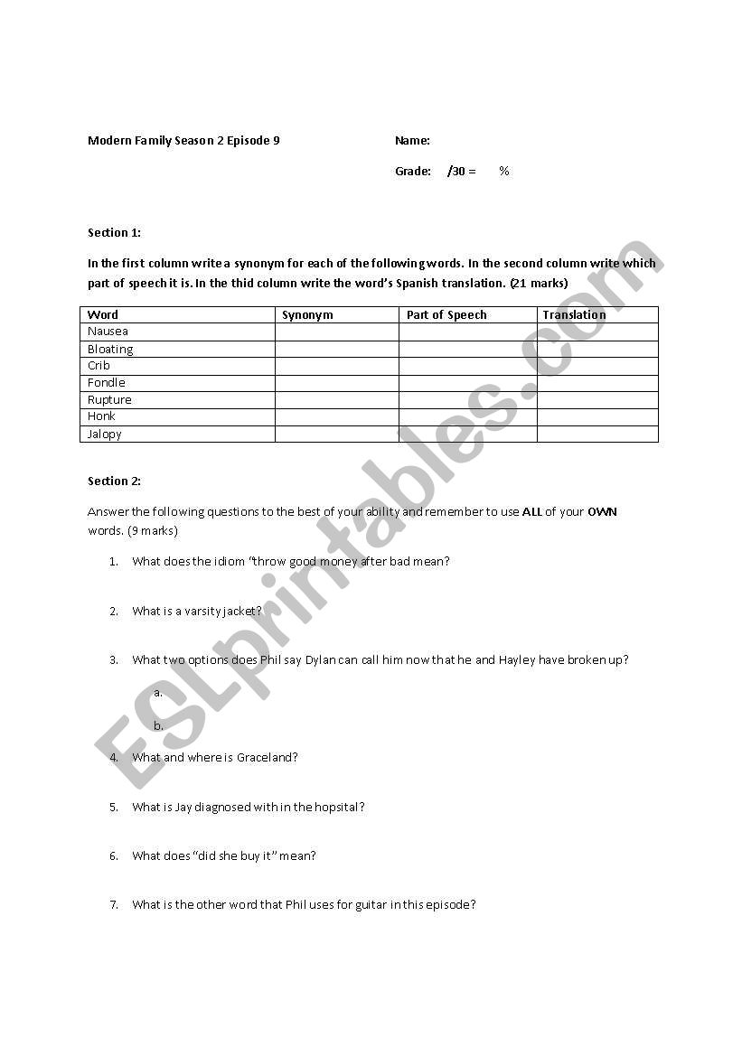 Modern Family worksheet (Season 2, Episode 09)