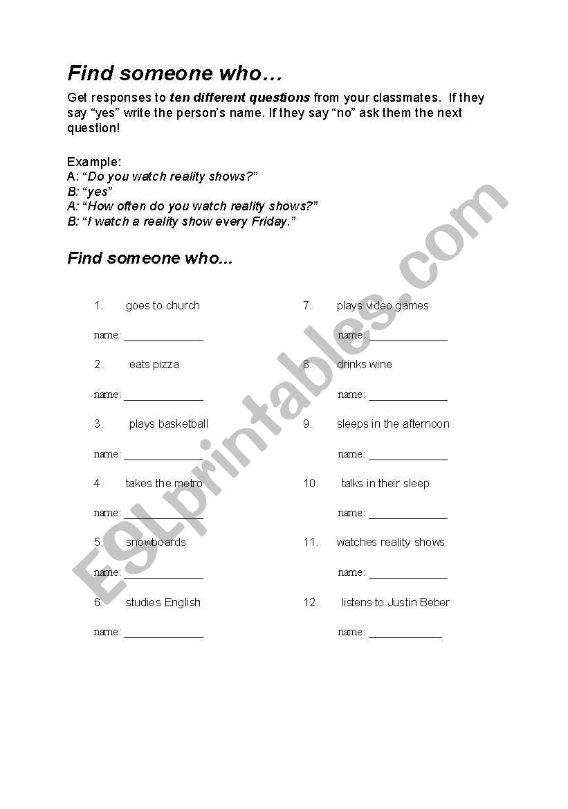 Fidn someone who worksheet