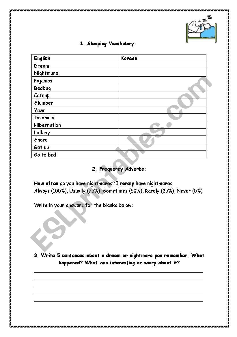 Sleeping Vocabulary and Frequency Adverbs