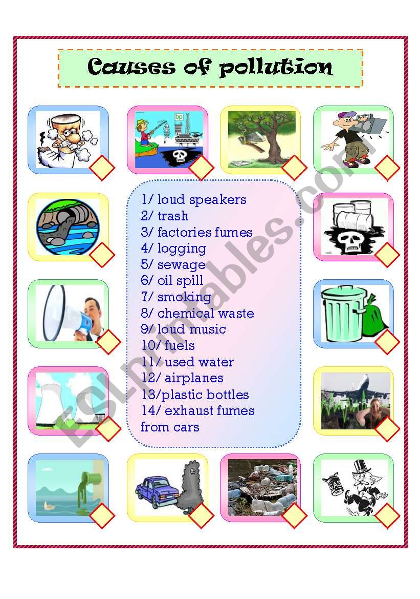 causes of pollution: matching worksheet