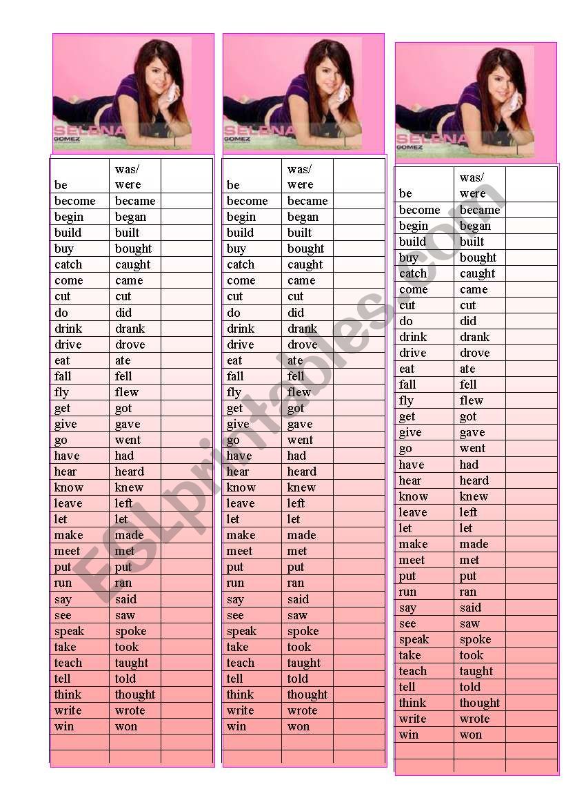 bookmarks  irregular verbs  worksheet