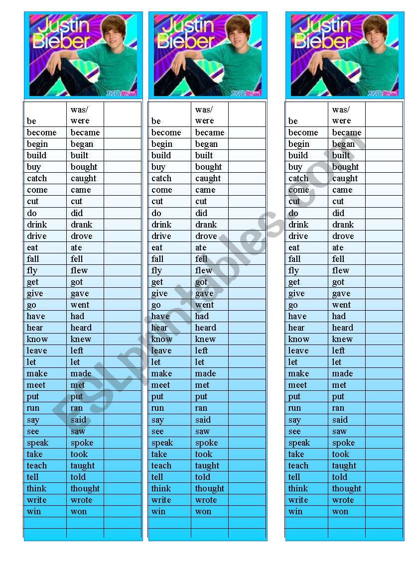 Bookmarks irregular verbs worksheet