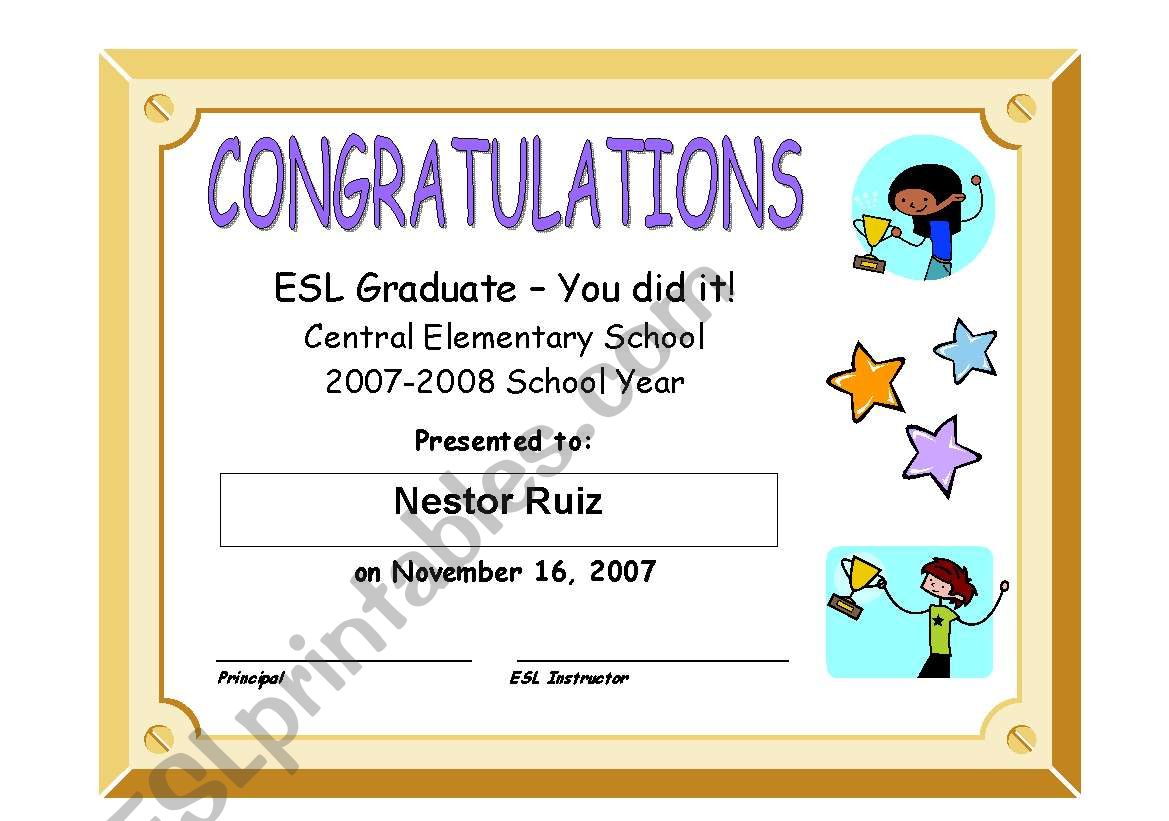 ESL Graduation Certificate worksheet