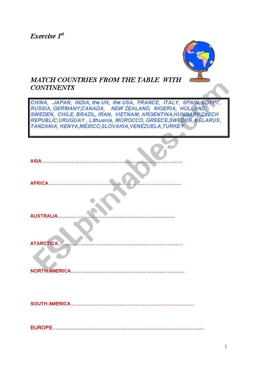 countries and continents worksheet
