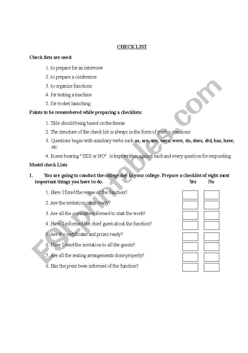 Check Lists worksheet