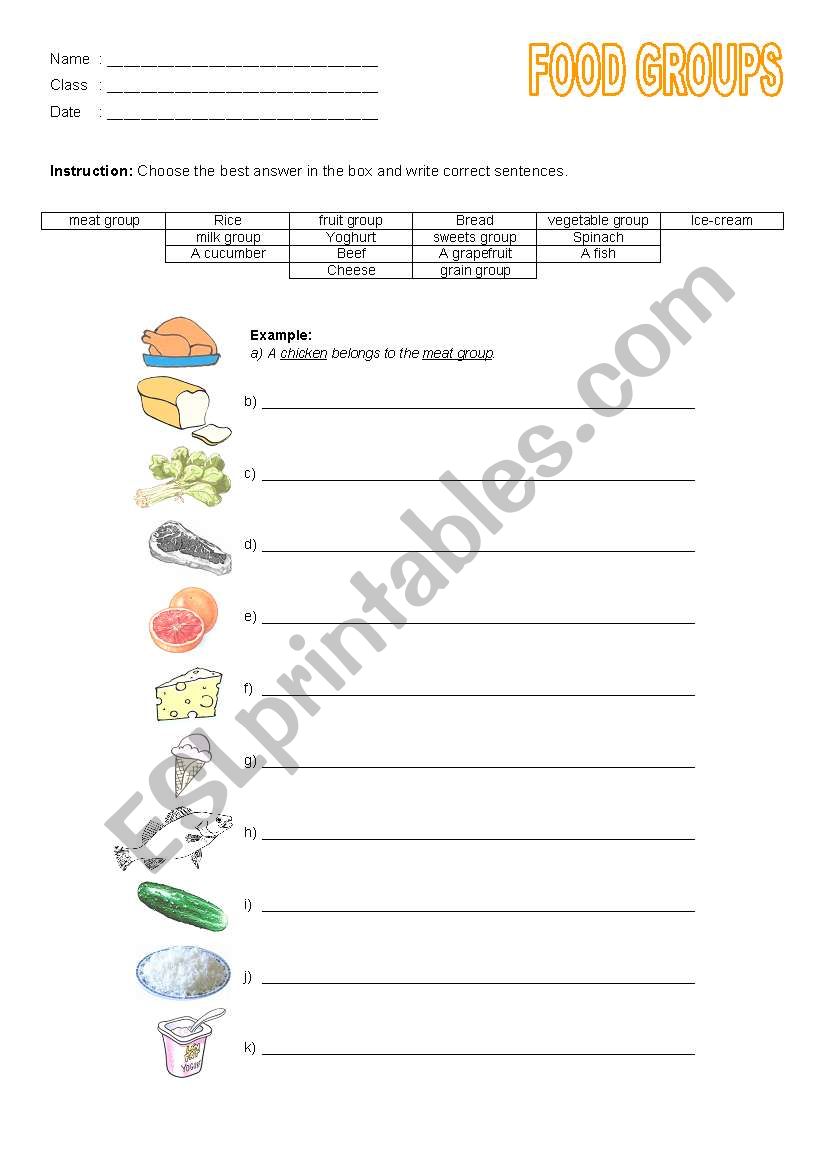 food groups worksheet