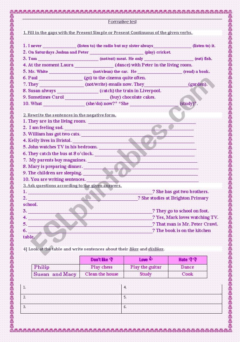 formative test worksheet