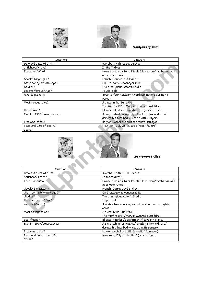 biography Montgomery Clift worksheet