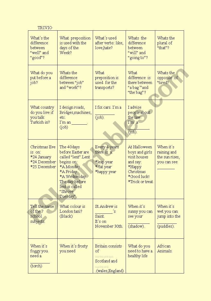 TRIVIO worksheet