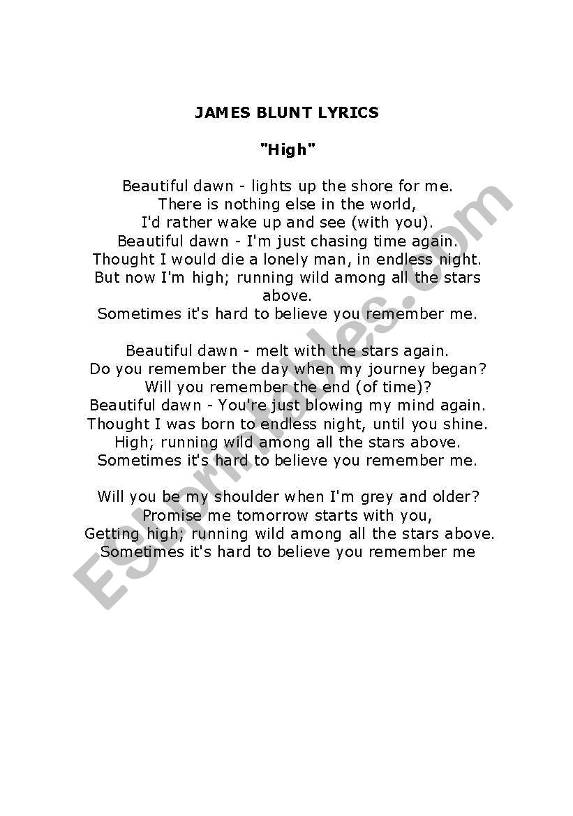 HIGH BY JAMES BLUNT worksheet