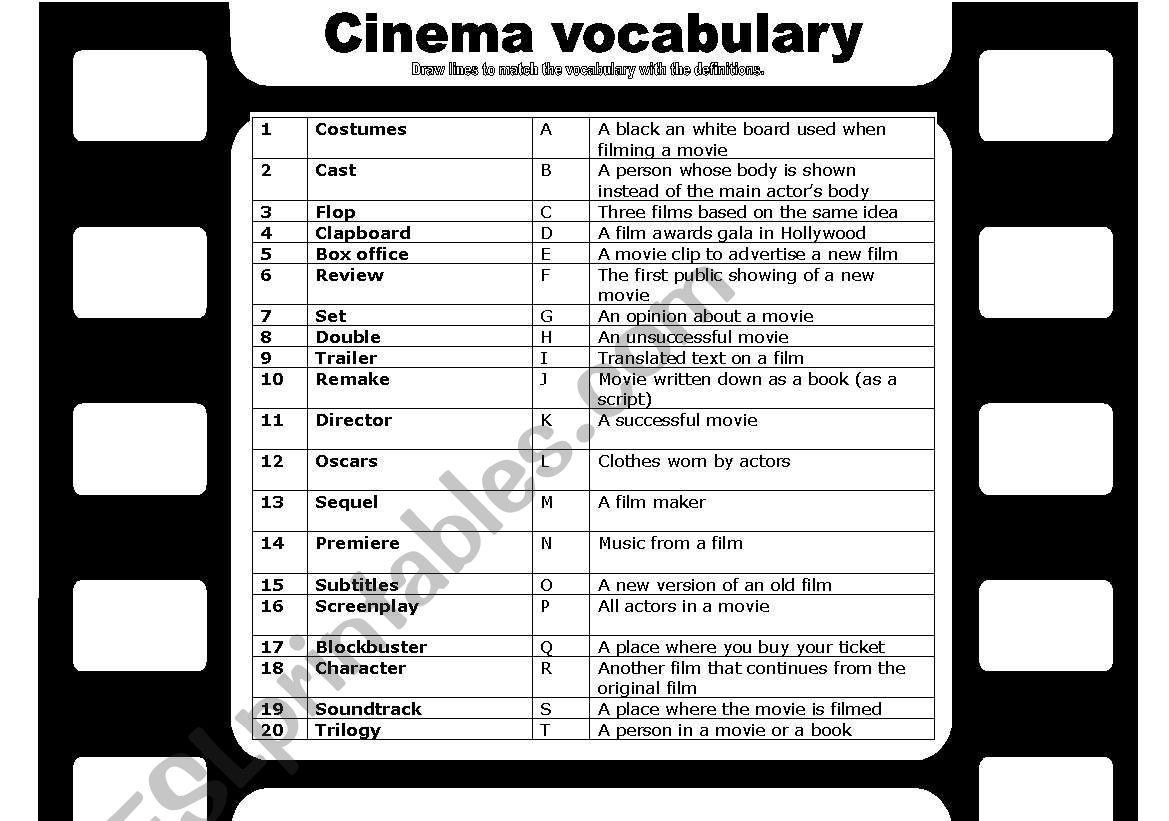 Cinema and film vocabulary - a matching activity with key, fully editable
