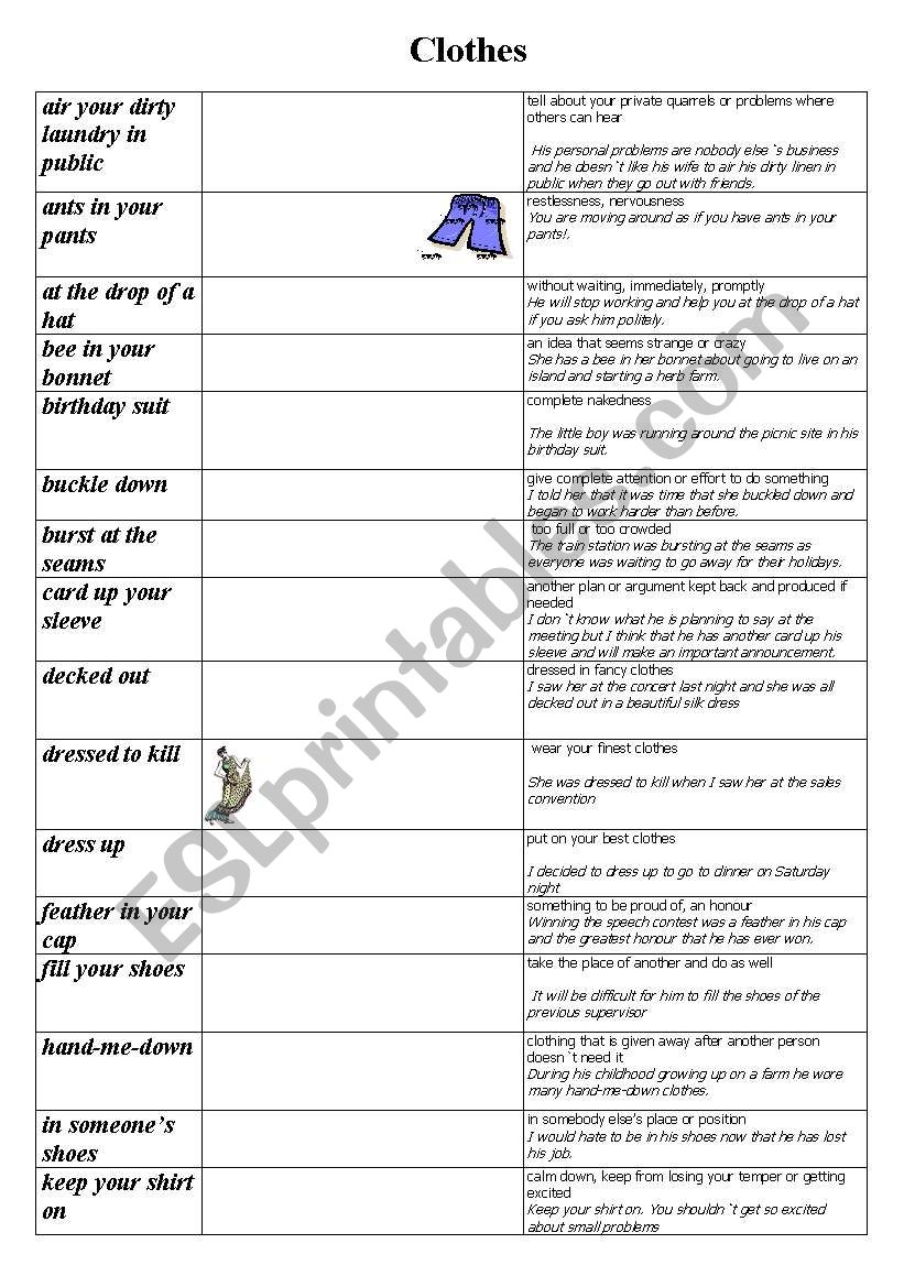 clothes idioms worksheet