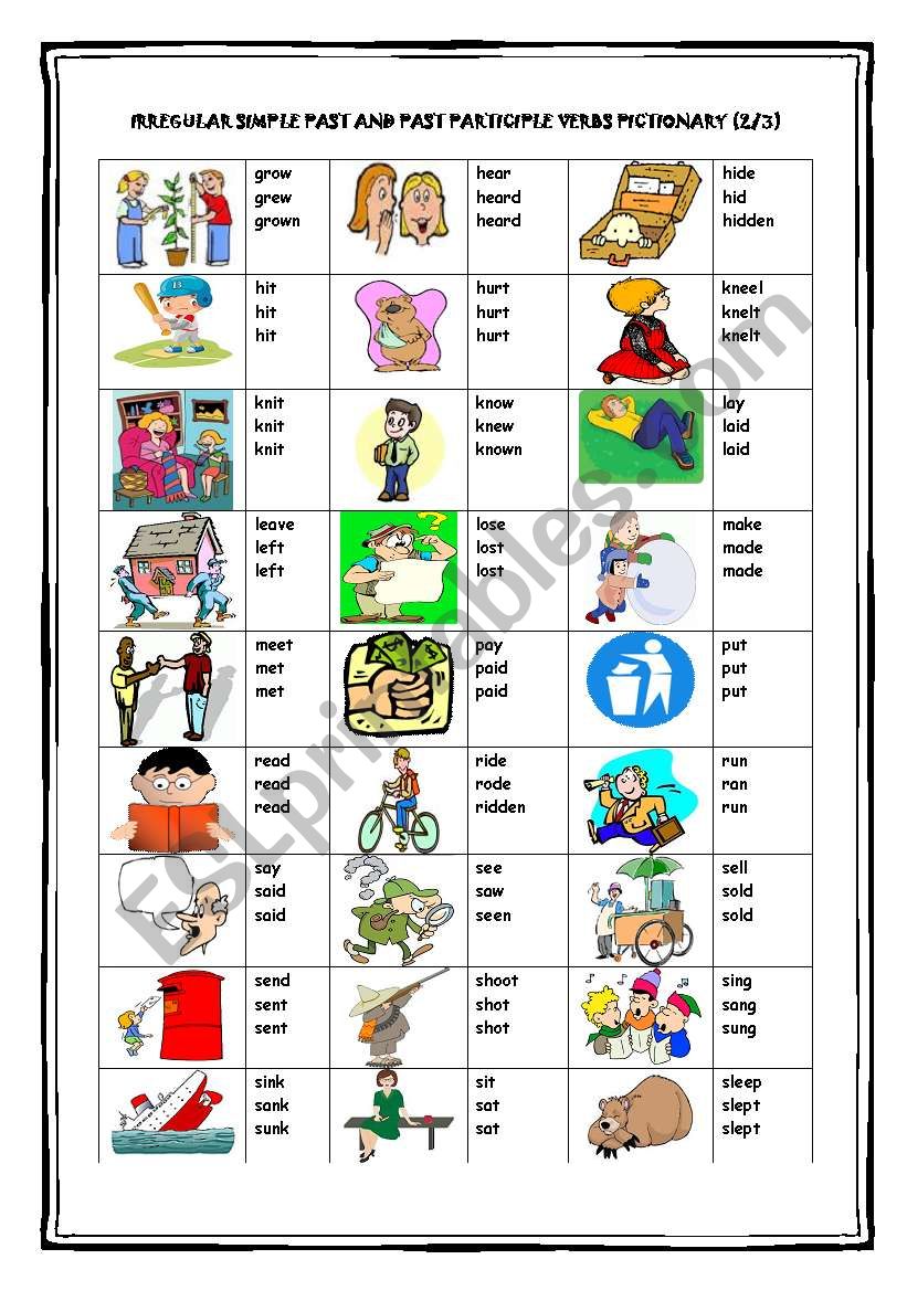 Irregular Simple Past and Past Participle Verbs Pictionary (2/3)