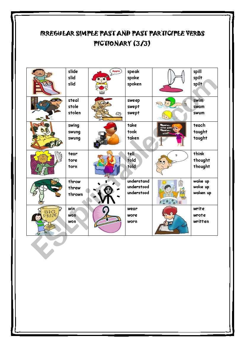 Irregular Simple Past and Past Participle Verbs Pictionary (3/3)