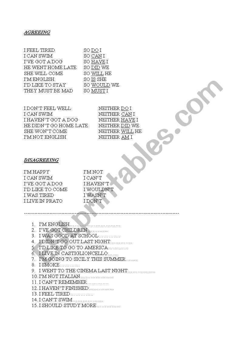 AGREEING AND DISAGREEING worksheet