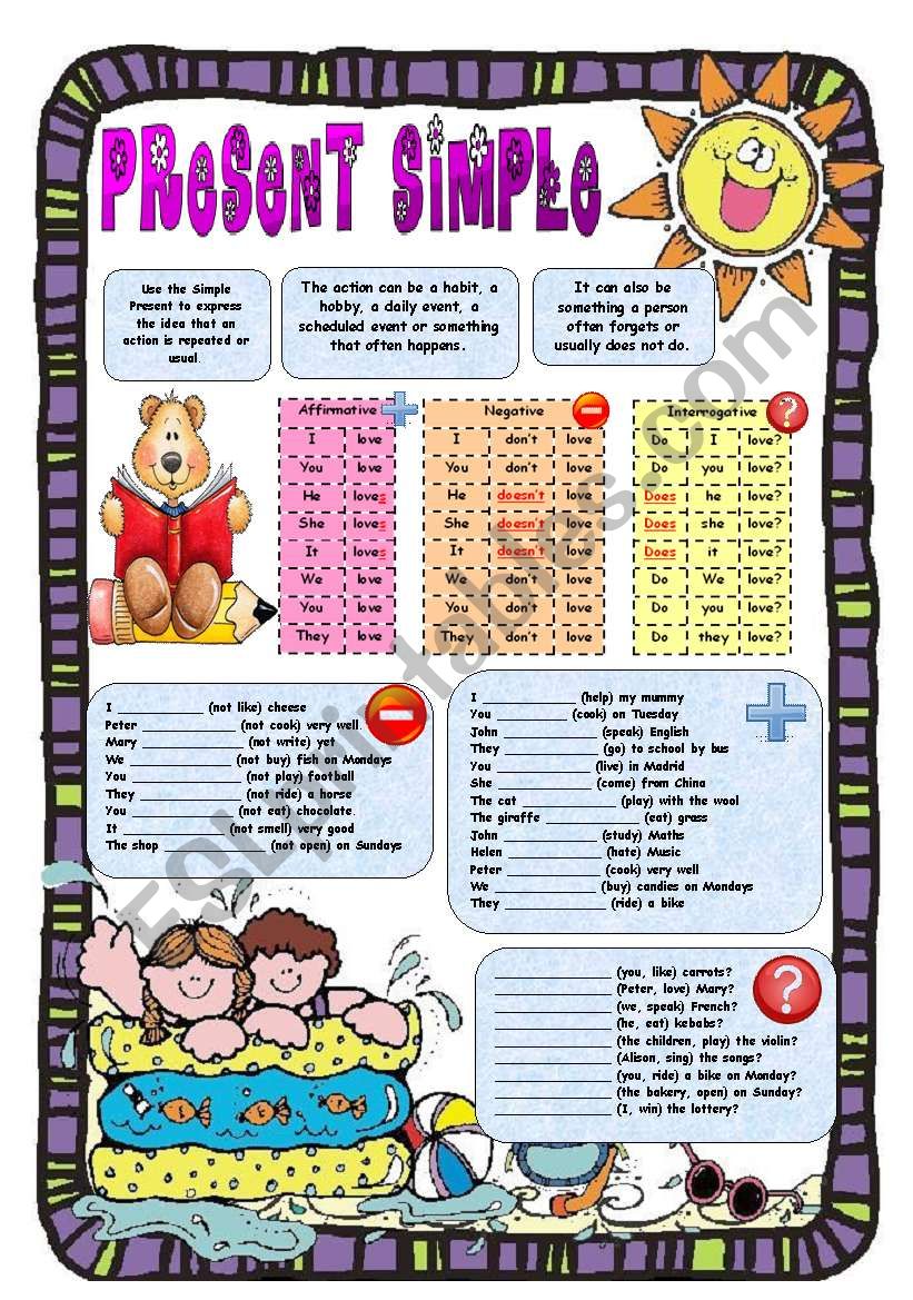 PRESENT SIMPLE - GRAMMAR CHART AND EXERCISES (B&W VERSION INCLUDED)