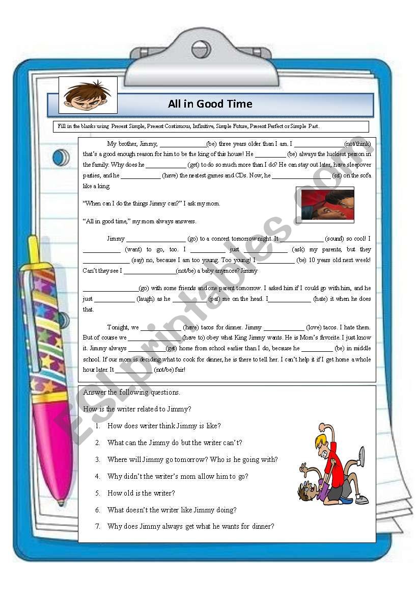 Mixed Tenses Gap Activity and Reading Comprehension