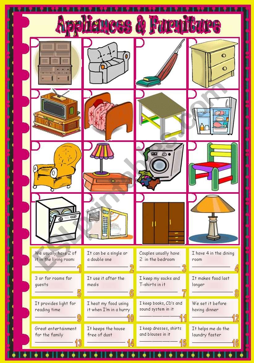 Furniture & Appliances: vocabulary  riddles  matching  keys included  2 pages  fully editable