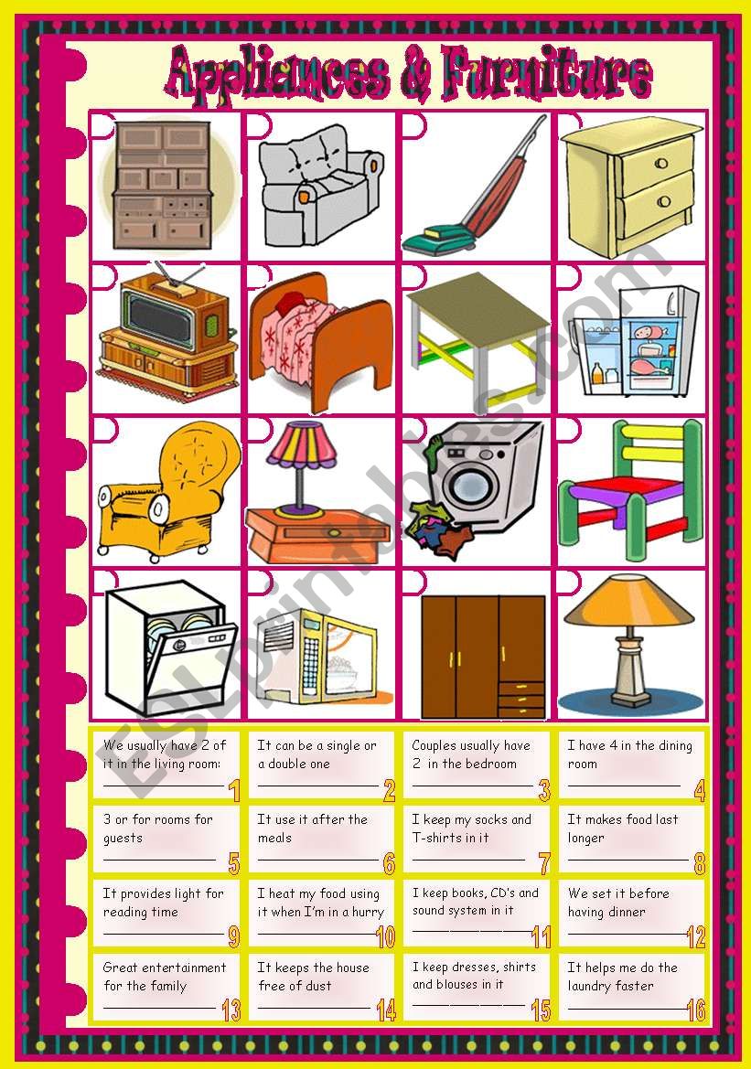 Furniture & Appliances: vocabulary â€¢ riddles â€¢ matching â€¢ keys included â€¢ 2 pages â€¢ fully editable