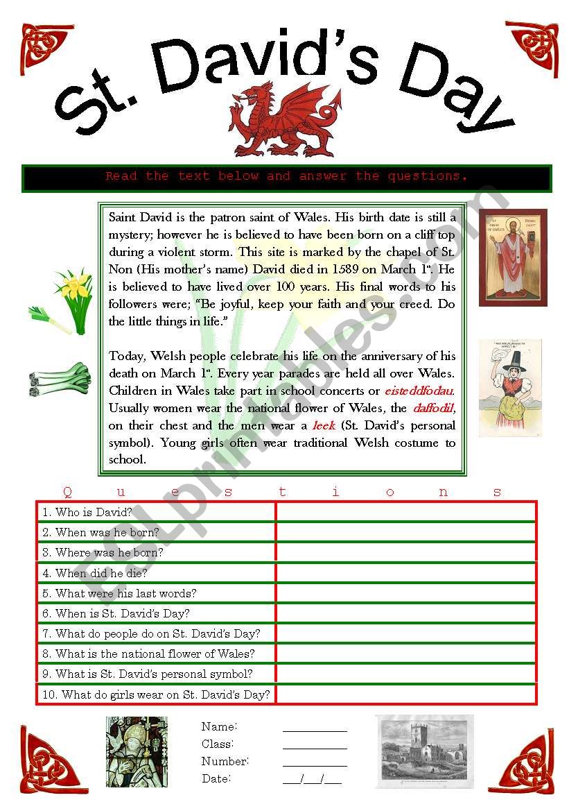 St Davids Day worksheet