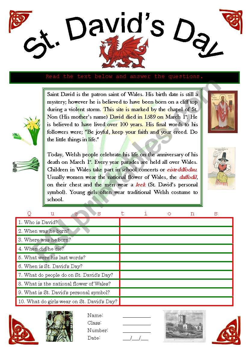 St Davids Day worksheet