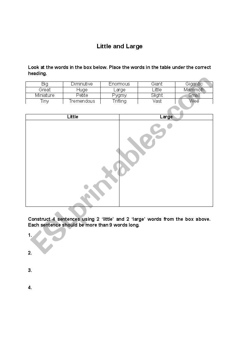 Little and Large synonyms worksheet