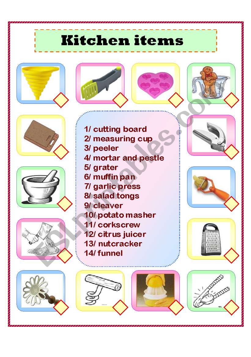 kitchen items matching  worksheet