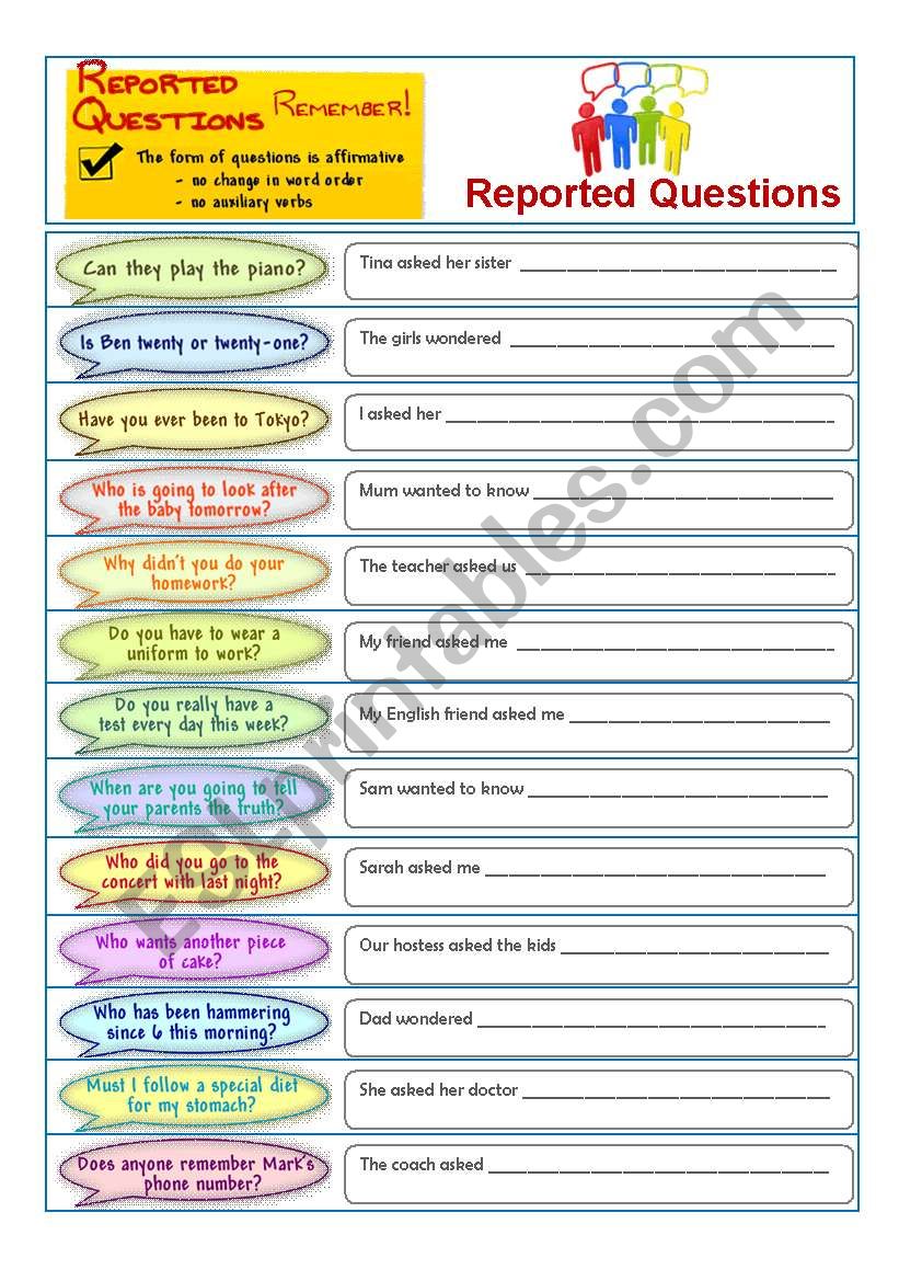 Reported questions worksheet