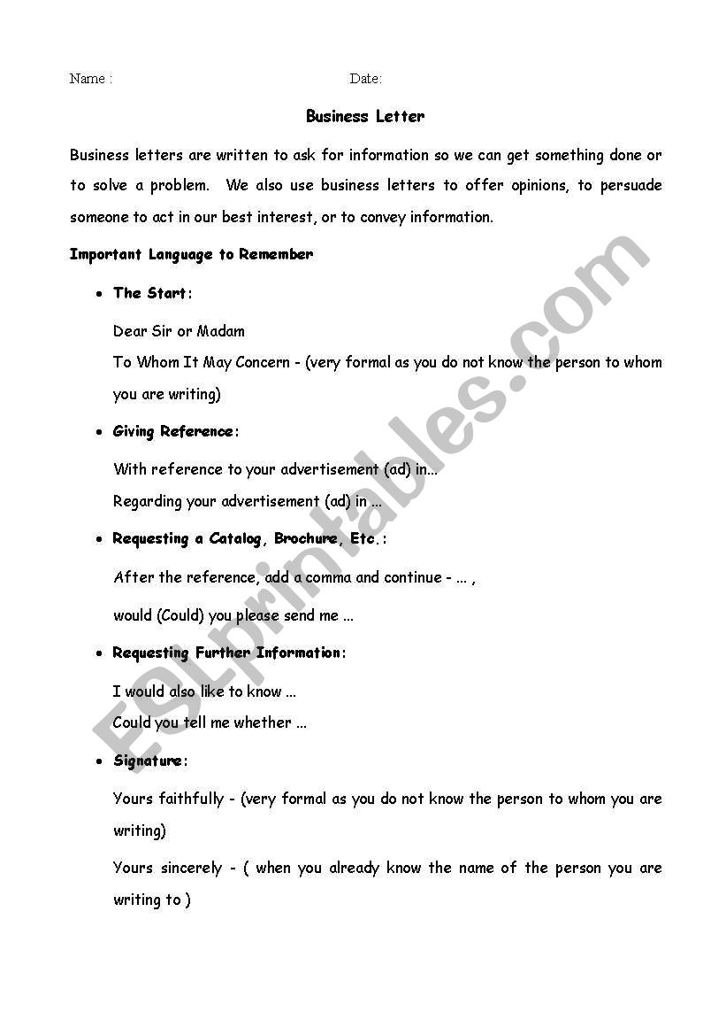 Business Letter worksheet