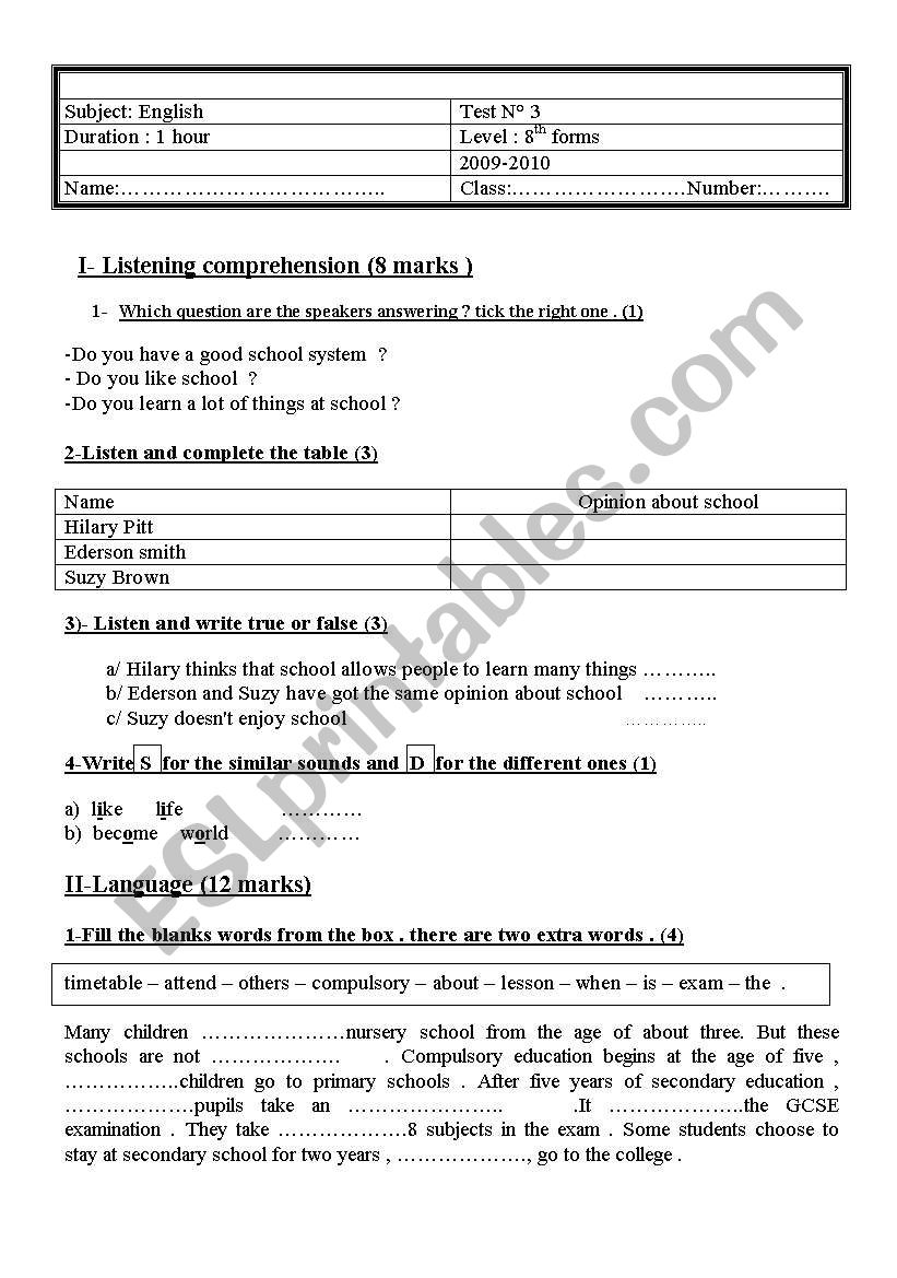 test worksheet