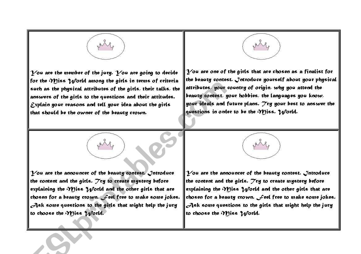 role play cards for beauty contest setting