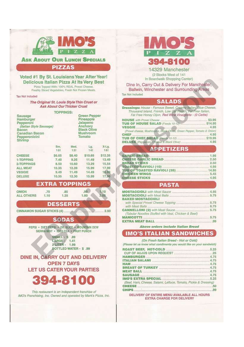 Pizza Restaurant Menu worksheet