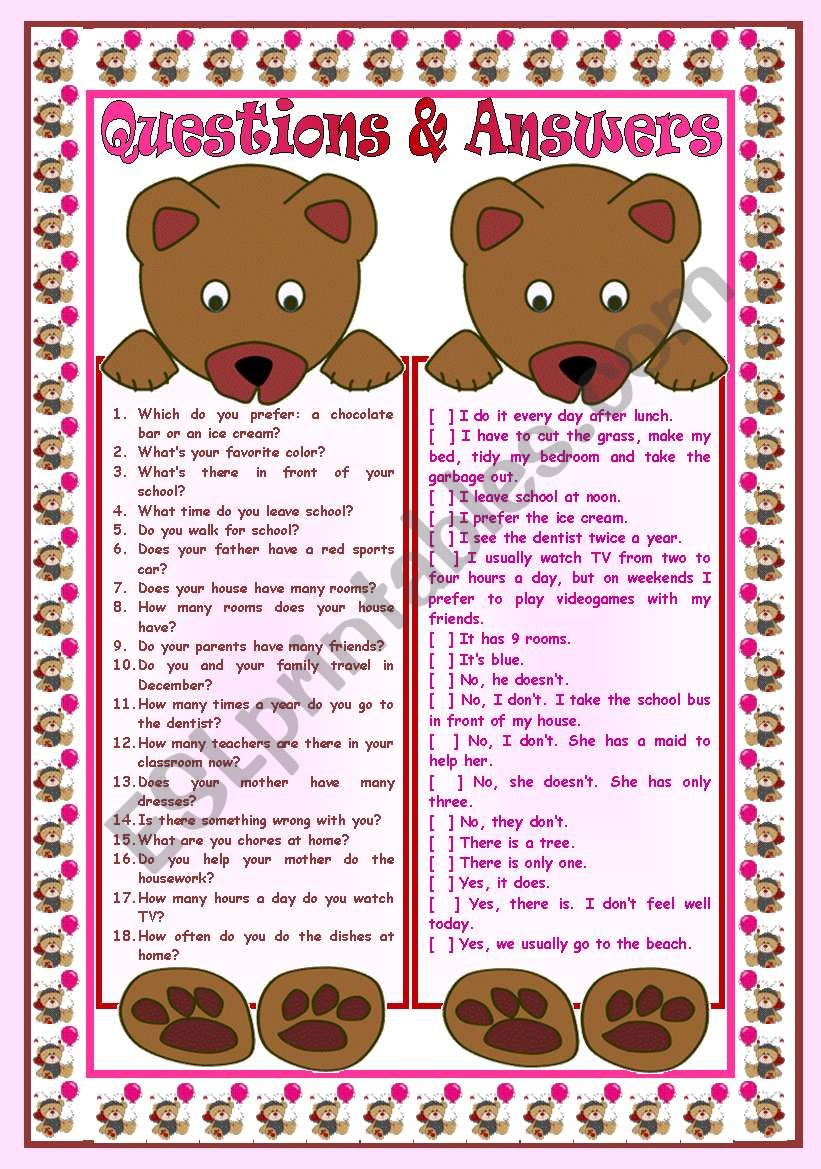Questions & Answers with the bears: matching activity  writing abilities  reading comprehension for beginners  grammar (present simple, interrogative pronouns, there to be)  B&W version  teachers handout with keys  3 pages  fully editable